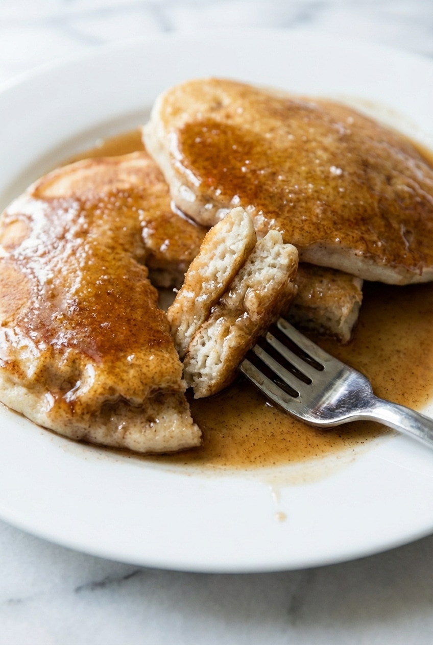 Close-up showing the thick viscosity of cinnamon pancake syrup clinging to a metal whisk in a saucepan.