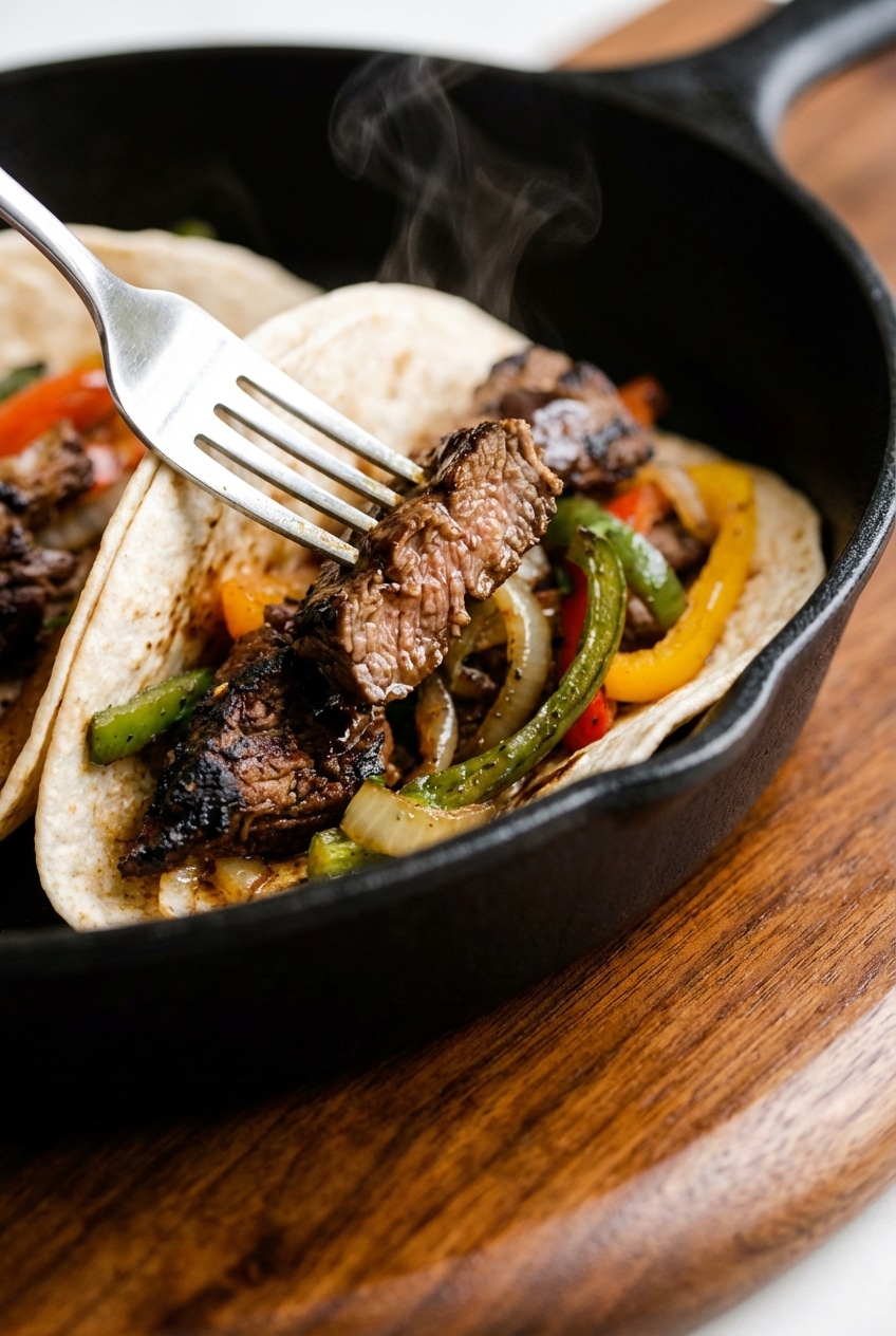Close up of Beef Steak Fajitas strips achieving a golden brown Maillard reaction in a hot cast iron skillet.