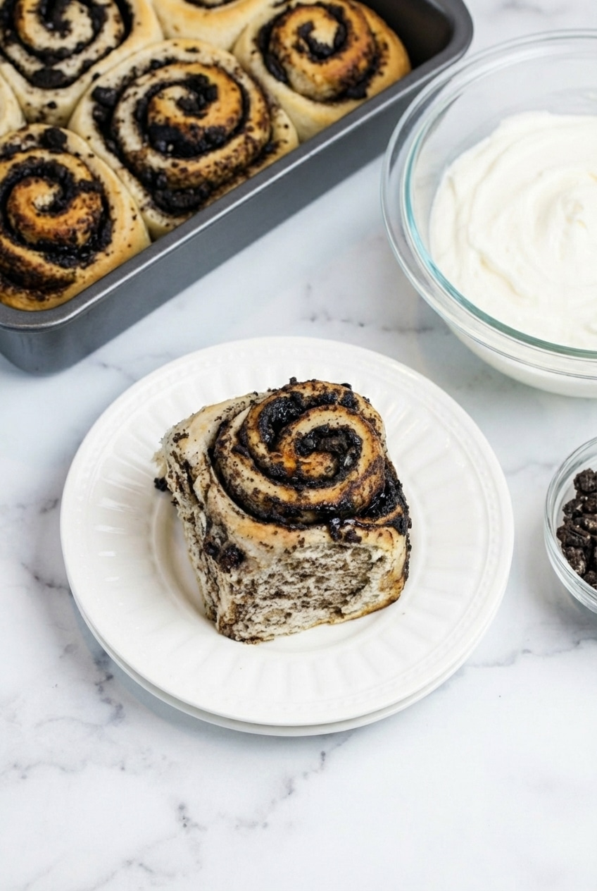 Using the dental floss method to slice through oreo stuffed cinnamon rolls for a clean spiral shape.