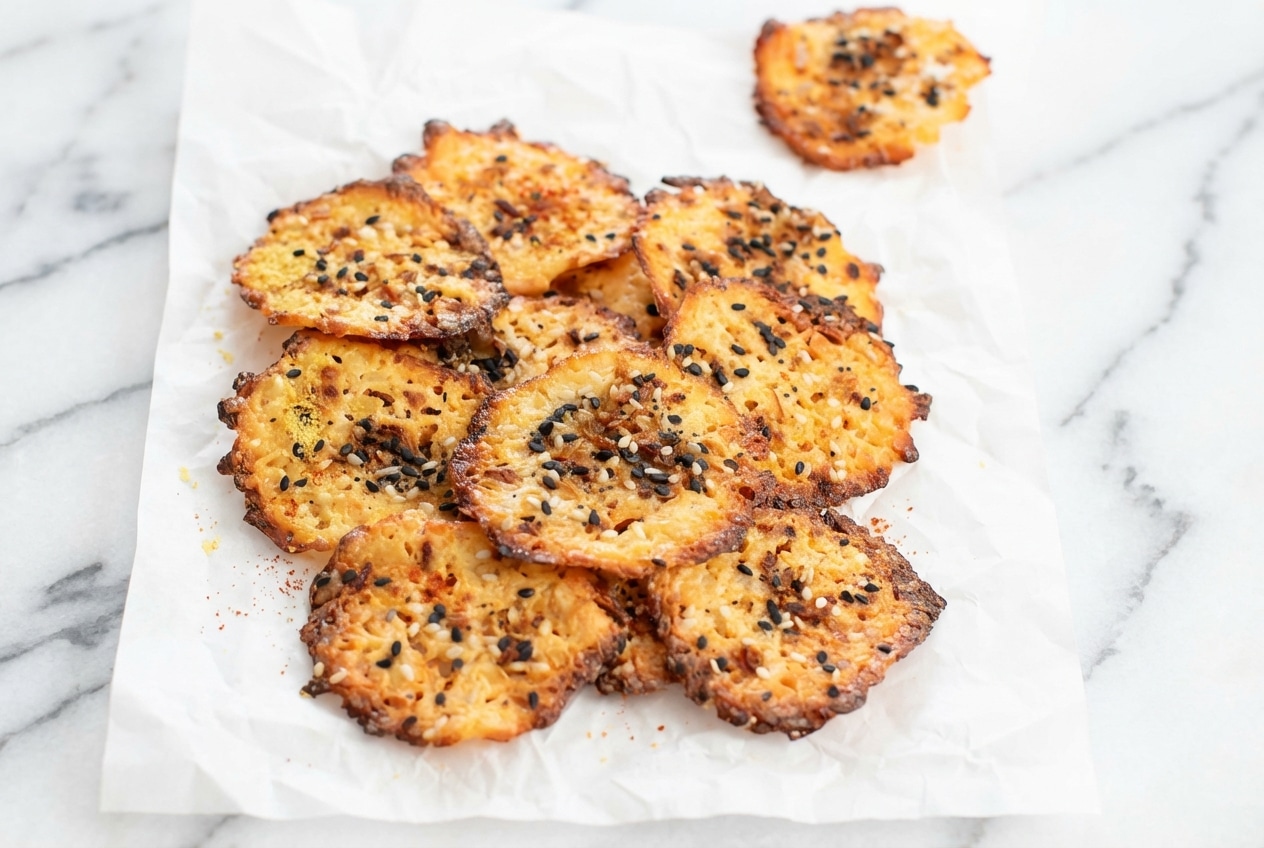 Crispy cottage cheese chips dusted with smoky paprika and savory nutritional yeast on a baking sheet.