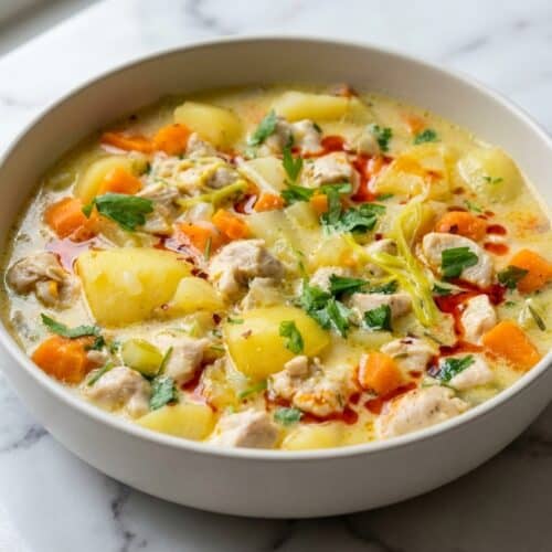 Creamy Vichyssoise-style chicken potato soup with leeks and a dusting of smoked paprika in a white ceramic bowl.
