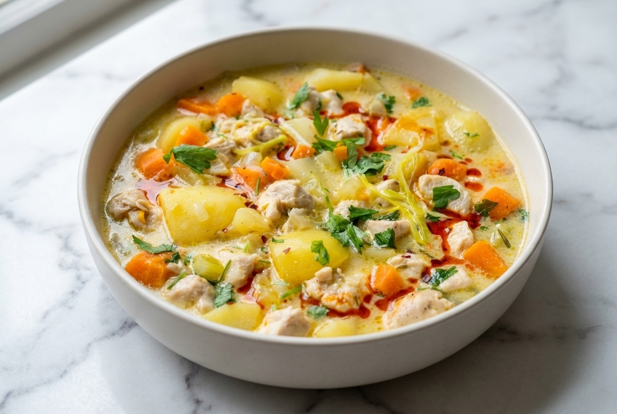Creamy Vichyssoise-style chicken potato soup with leeks and a dusting of smoked paprika in a white ceramic bowl.