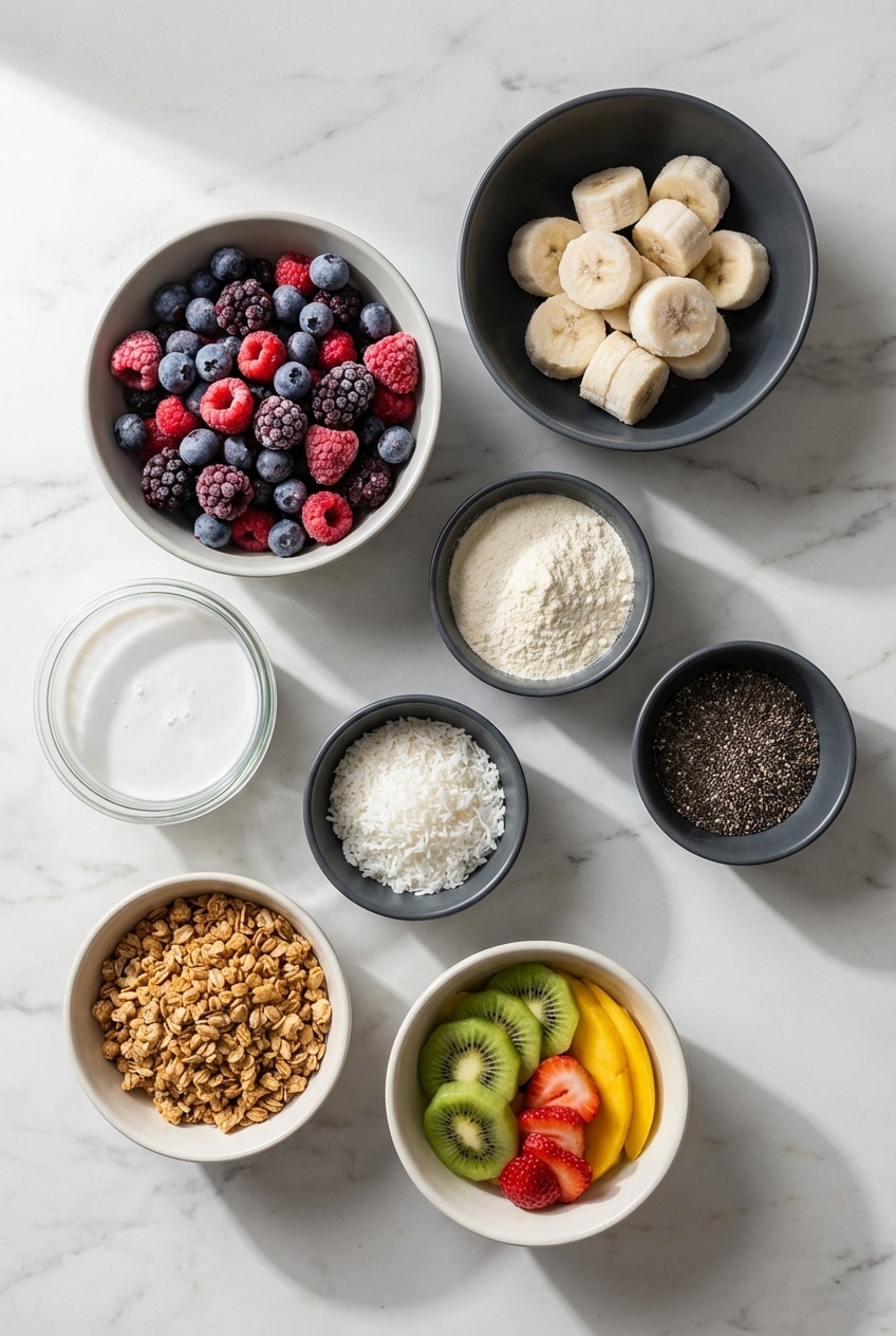 Flat lay of smoothie bowl ingredients including frozen acai, plant-based protein powder, and fiber-rich seeds.