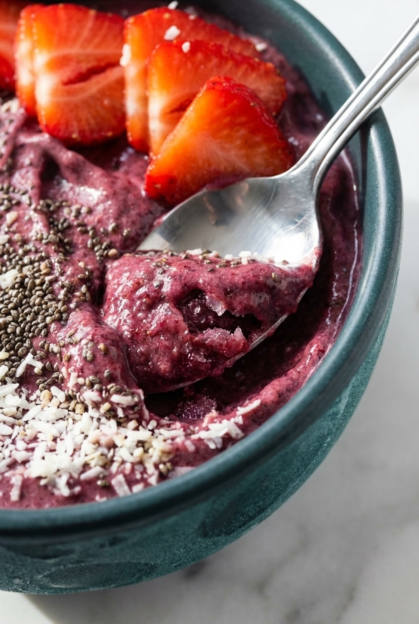 Macro view of the velvety smooth texture of a purple acai smoothie bowl showing perfect emulsification.