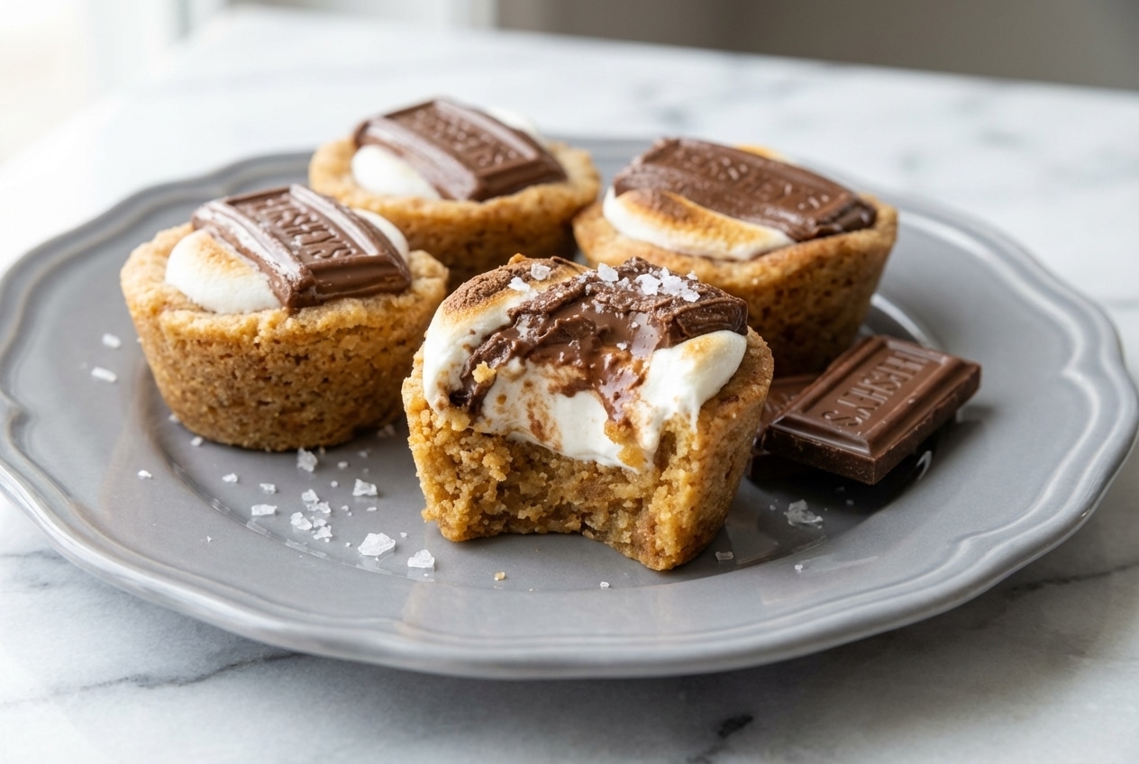 Toasted smores cookie cups with a nutty brown butter base and a pinch of smoked sea salt for a gourmet finish.
