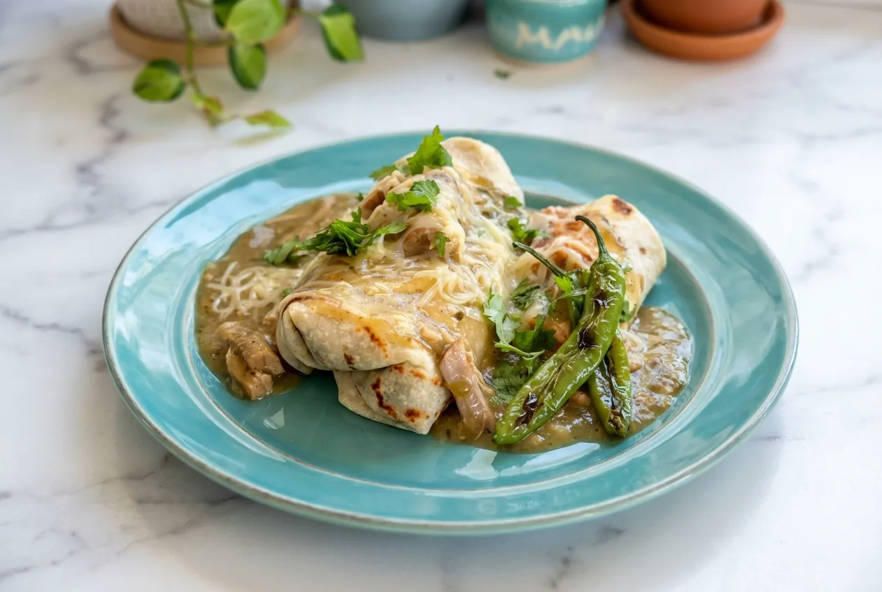 Smothered green chili burritos topped with cheese and flash-seared chiles for a smoky flavor profile.