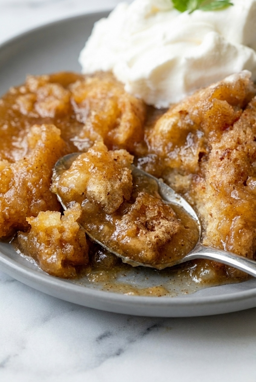 Close-up of the bubbly cobbler batter and cinnamon sugar topping inside a snickerdoodle cobbler.