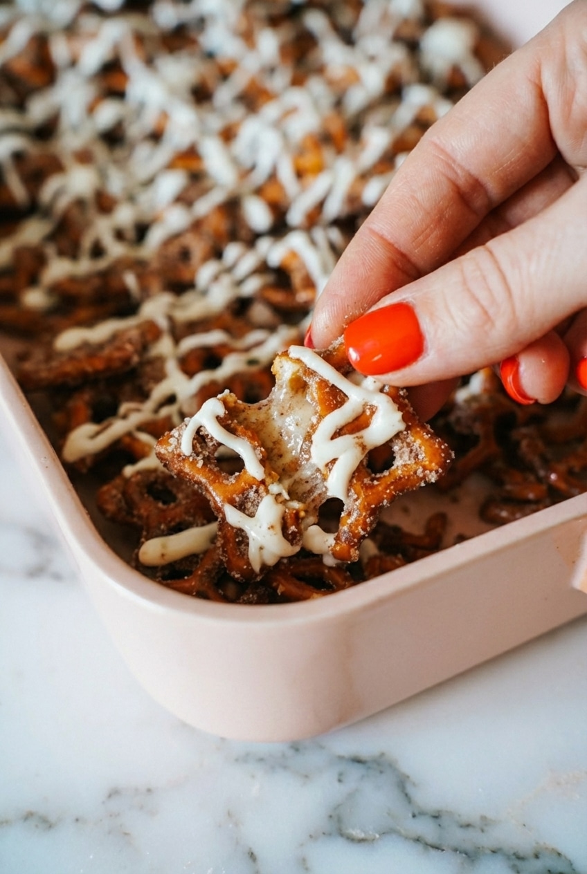 Twisted cinnamon sugar pretzels resting on a baking sheet lined with parchment paper before serving.