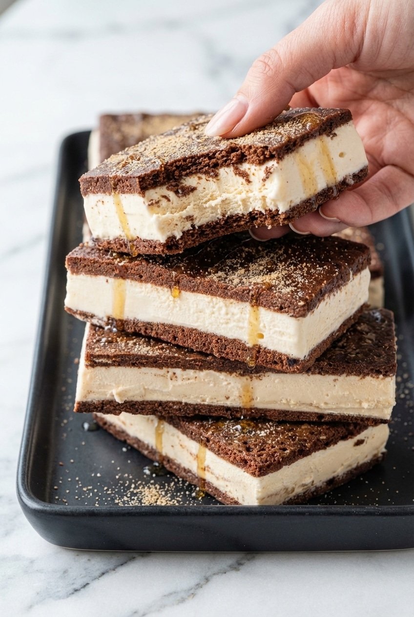 Close up of a chocolate wafer for ice cream sandwiches showing its smooth, flexible texture on a silicone baking mat.