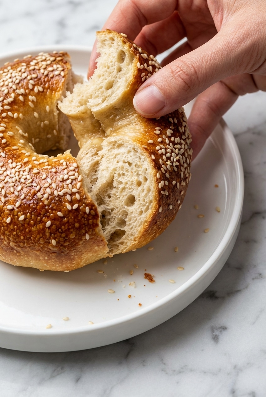 Boiling bagels in a malted water bath using a slotted spoon for a perfect Sourdough Bagels Recipe.