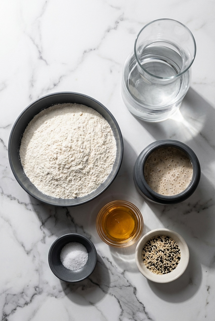 Ingredients for Sourdough Bagels Recipe featuring bubbly sourdough starter, bread flour, and barley malt syrup.