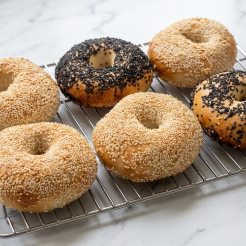 Golden Sourdough Bagels Recipe with a glossy double-malt infusion and everything bagel seasoning.