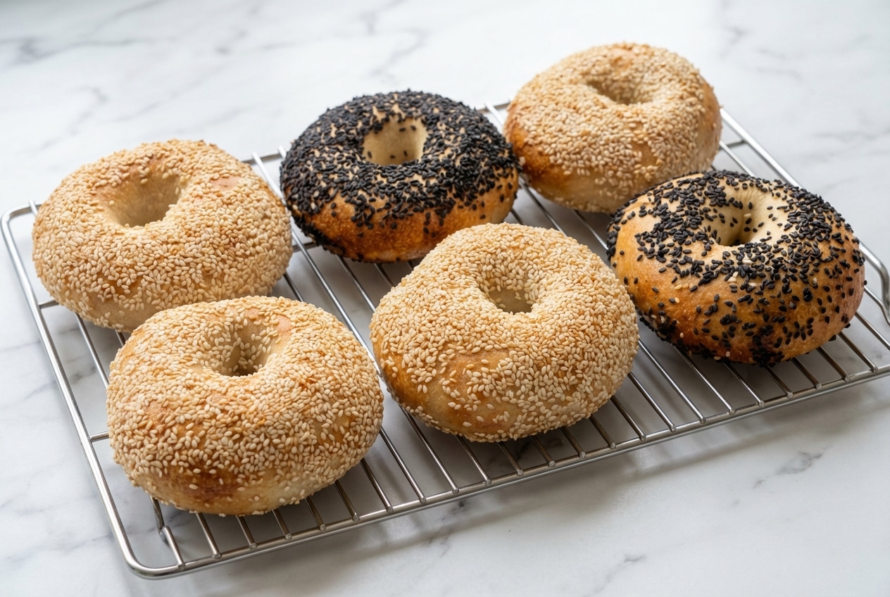 Golden Sourdough Bagels Recipe with a glossy double-malt infusion and everything bagel seasoning.