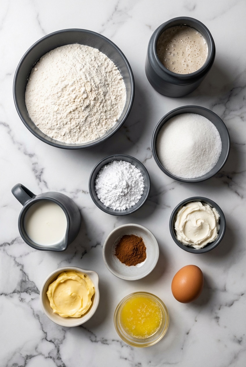 Ingredients for sourdough cinnamon rolls including sourdough starter, cinnamon, and cream cheese frosting components.