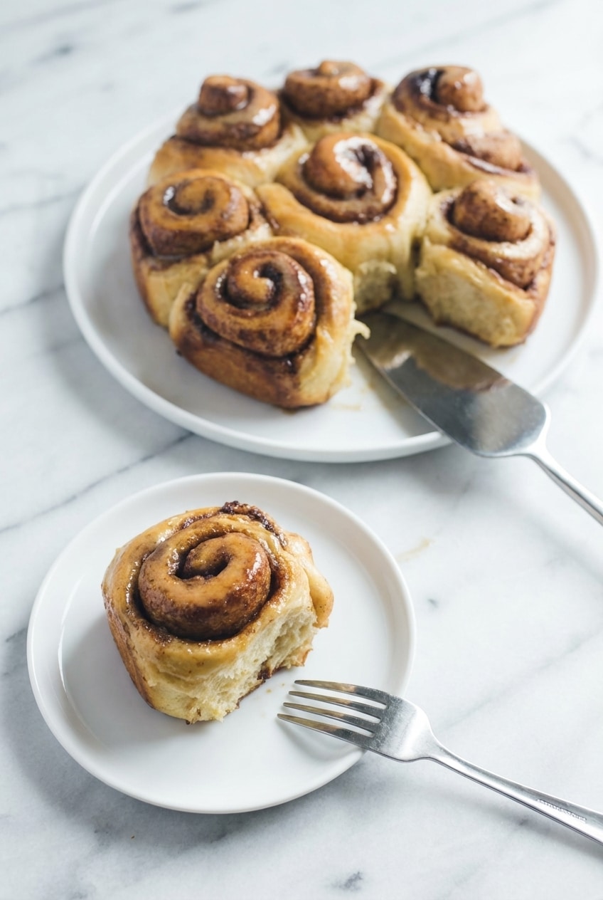 Tear-away view of a sourdough cinnamon roll highlighting the soft, moist interior texture.