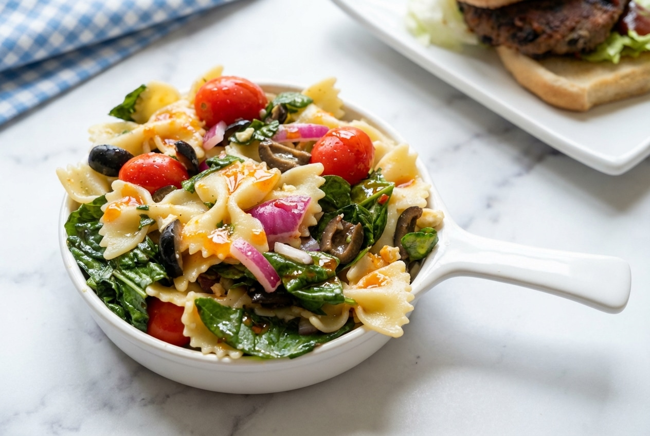 Farfalle spinach pasta salad tossed in a savory sun-dried tomato oil emulsion with feta and kalamata olives.