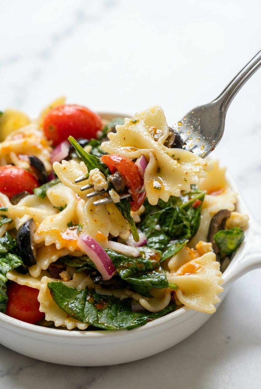 Close-up texture of al dente farfalle in spinach pasta salad coated in a rich, glossy oil emulsion.