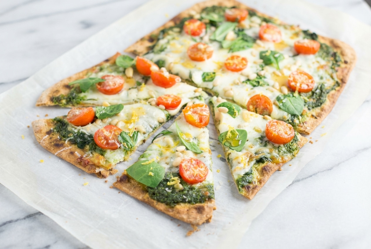 Spinach pesto pizza topped with fresh lemon zest and a drizzle of garlic-infused hot honey on a crispy crust.