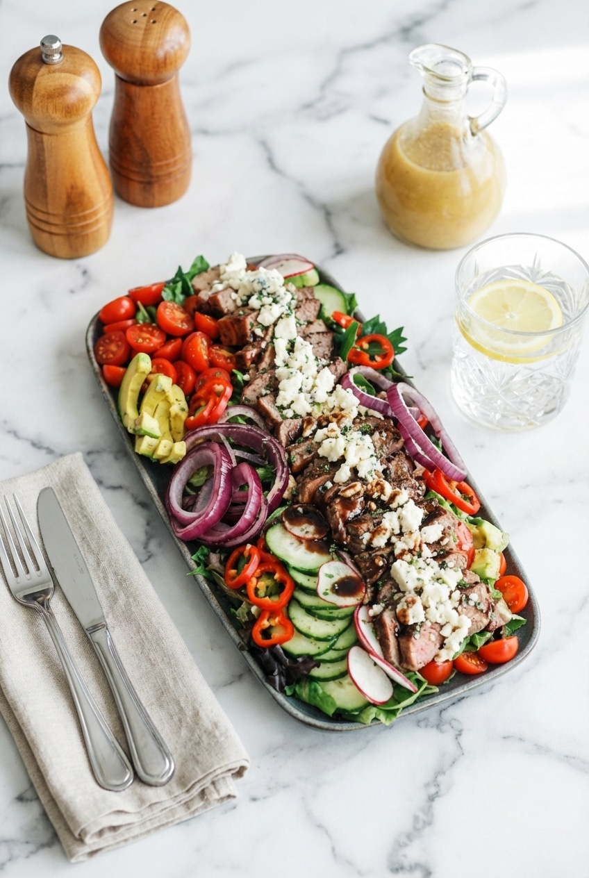 Plated steak salad with avocado and blue cheese ready for a high-protein lunch.