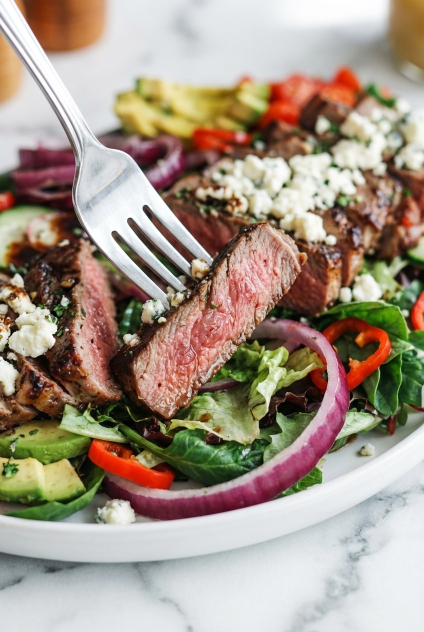 Slicing rested steak against the grain for a tender, juicy steak salad.