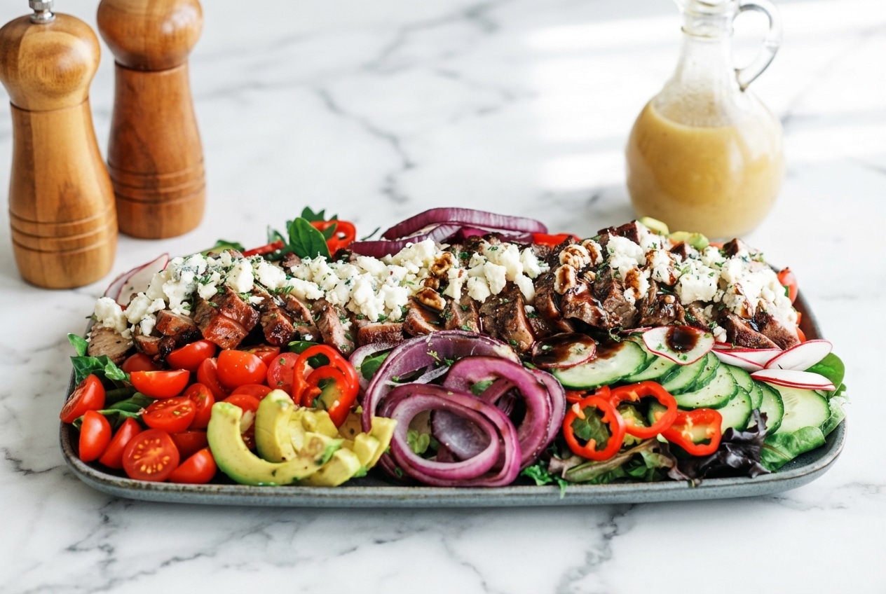 Sliced medium-rare steak salad over arugula with a rich umami-bomb balsamic glaze finish.