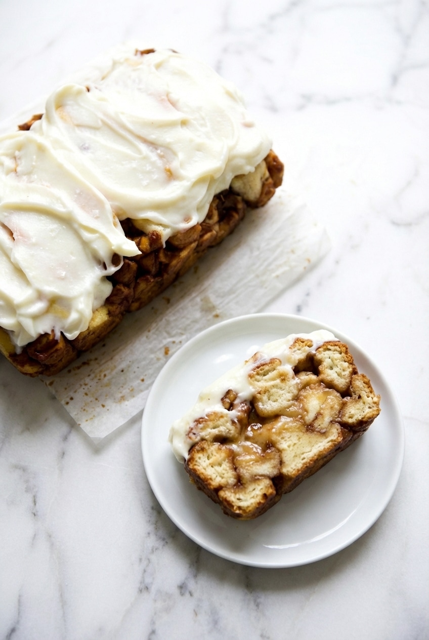 Cream cheese glaze stored in a glass jar showing a thick and creamy texture.