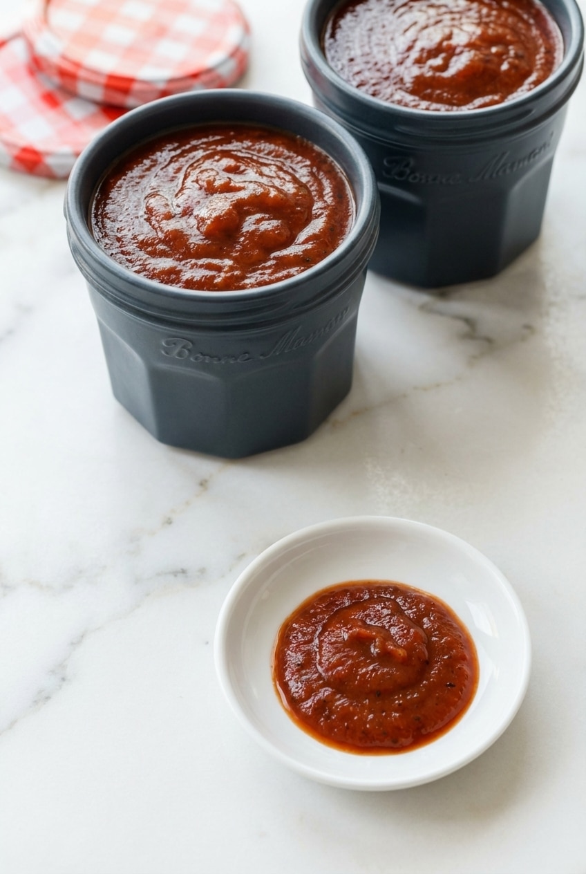 Homemade bbq sauce recipe stored in an airtight mason jar next to a small serving bowl.