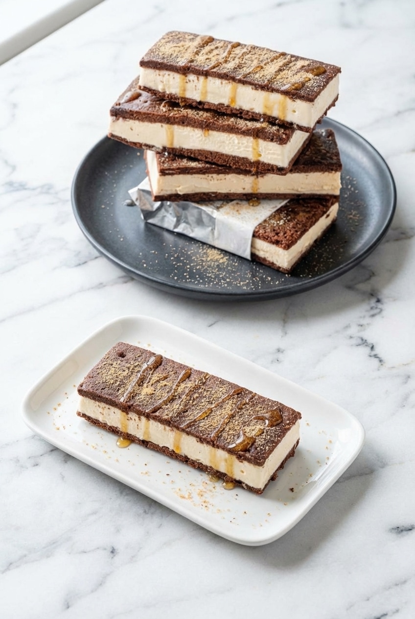 Malted milk ice cream sandwiches individually wrapped in parchment paper for freezer storage.