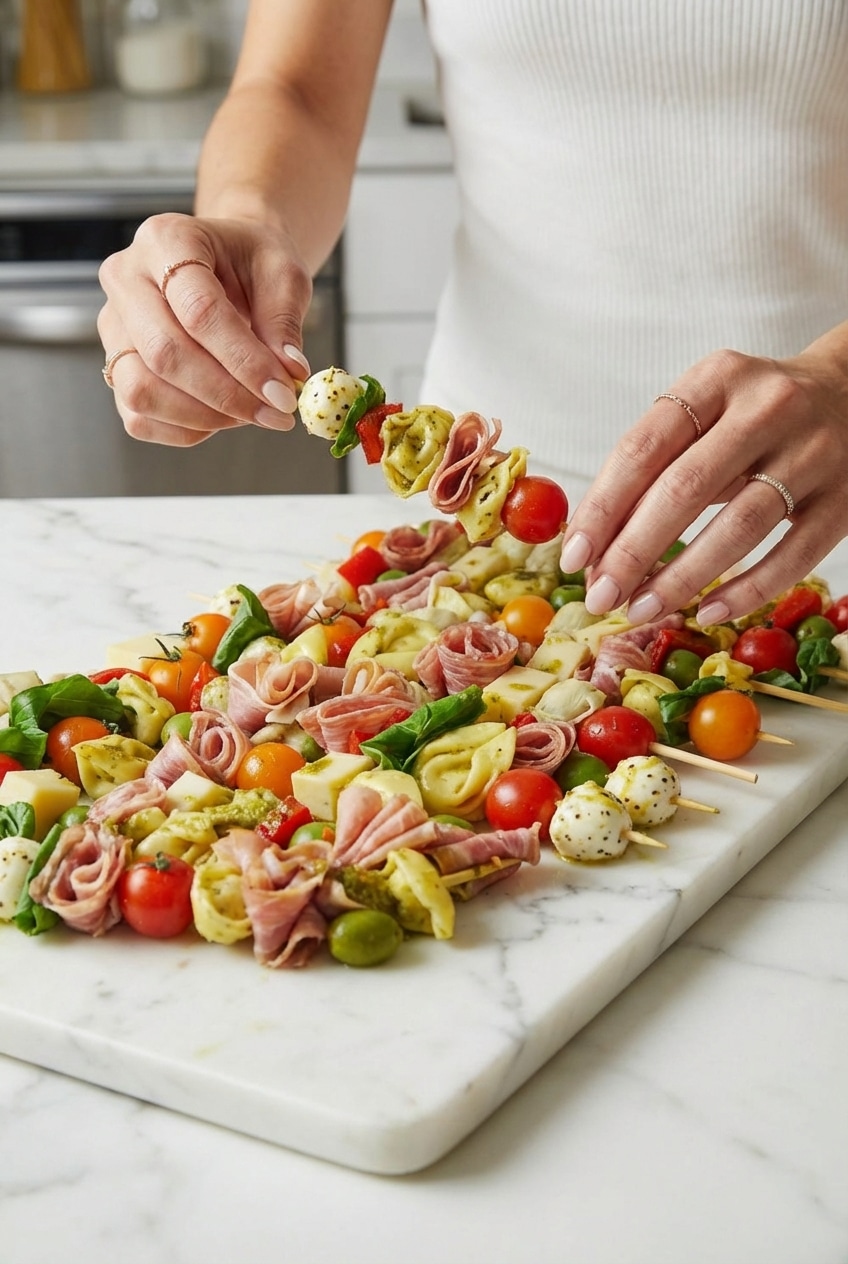 Close-up of antipasto skewers stored in a chilled glass container ready for serving.