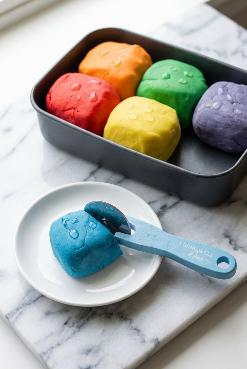 Tidily stored balls of this play dough recipe in clear containers ready for sensory play activities.
