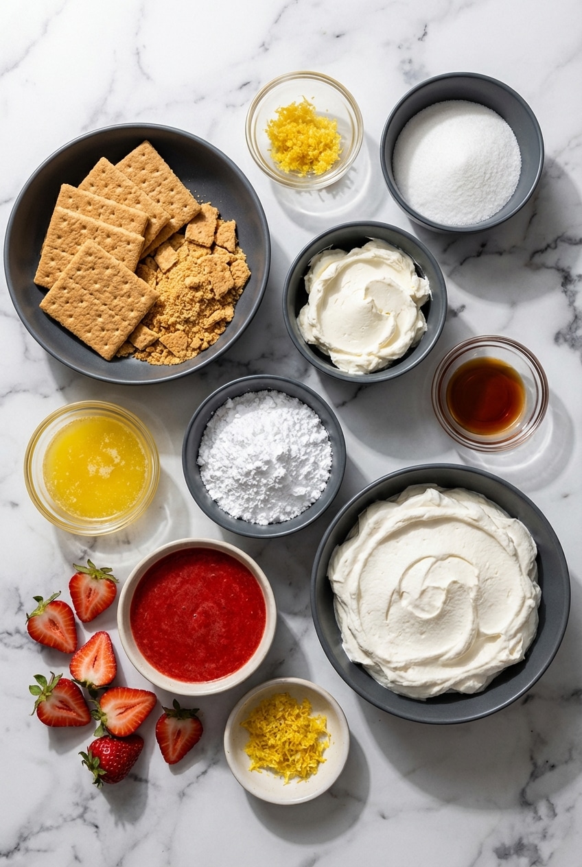 Flat lay of strawberry cheesecake mousse ingredients including cream cheese, strawberry puree, and graham cracker crumbs.