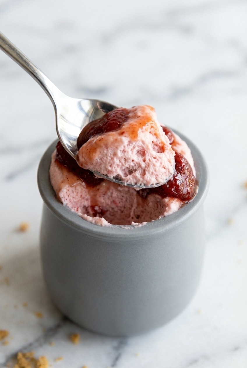 Close-up of strawberry cheesecake mousse showing airy texture, stiff peaks, and smooth folding technique.