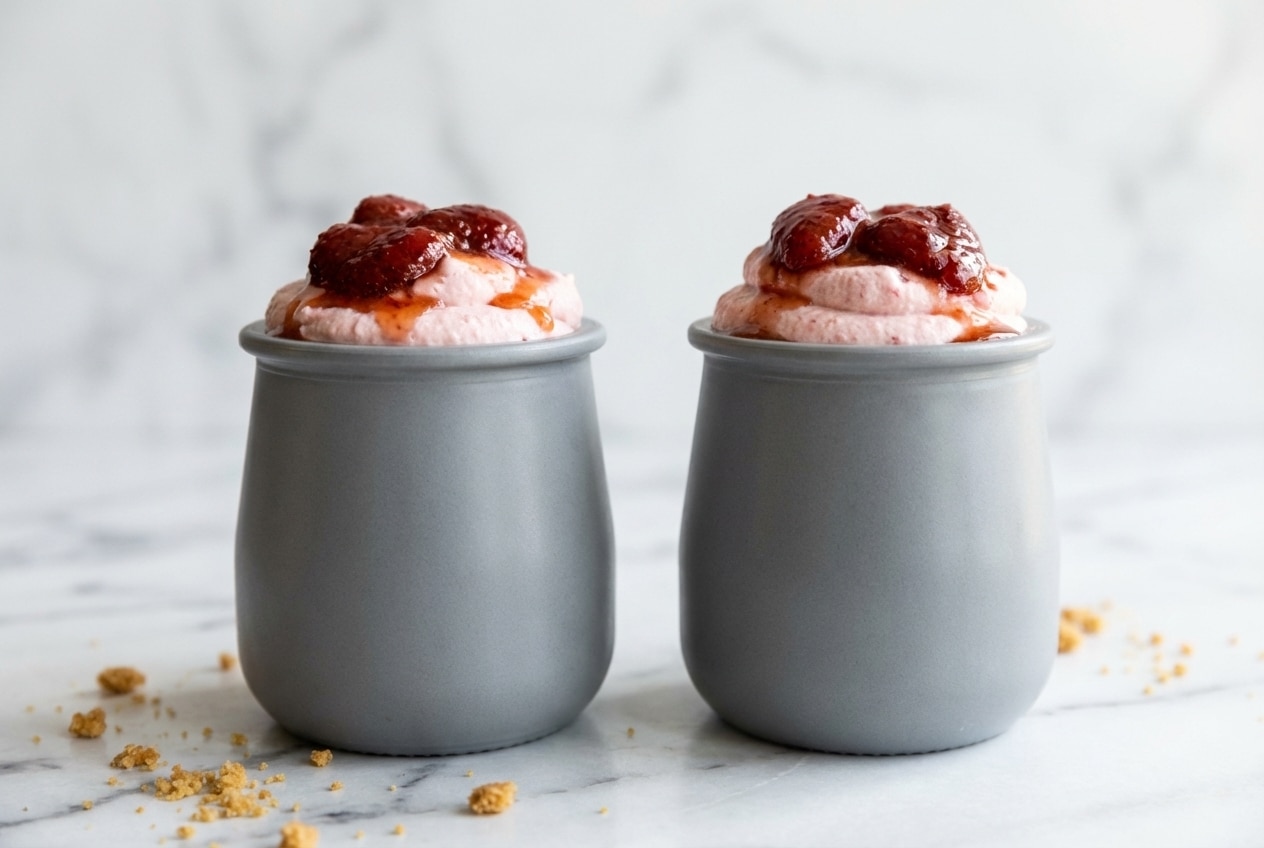 Fluffy strawberry cheesecake mousse topped with honey-roasted strawberry puree in a glass ramekin.