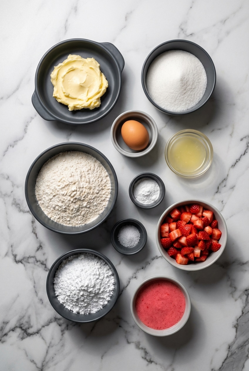 Flat lay of fresh strawberries, unsalted butter, all-purpose flour, and lemon juice for strawberry lemon blondies.