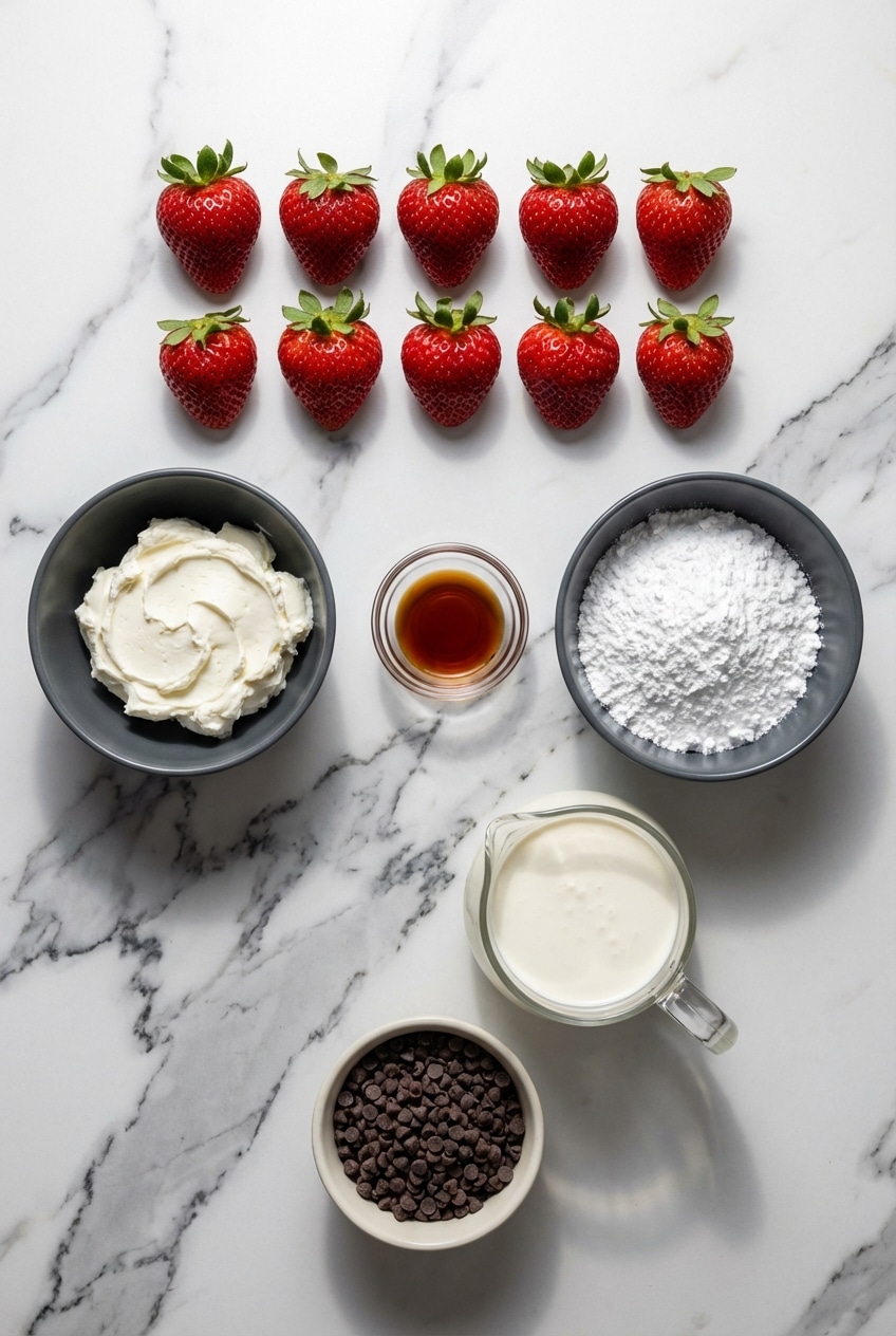 Flat lay of fresh strawberries, heavy whipping cream, and confectioners' sugar for making strawberry santa.