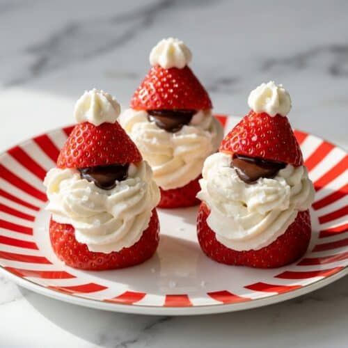 Strawberry santa with salted cream frosting and a hidden chocolate core on a festive holiday platter.
