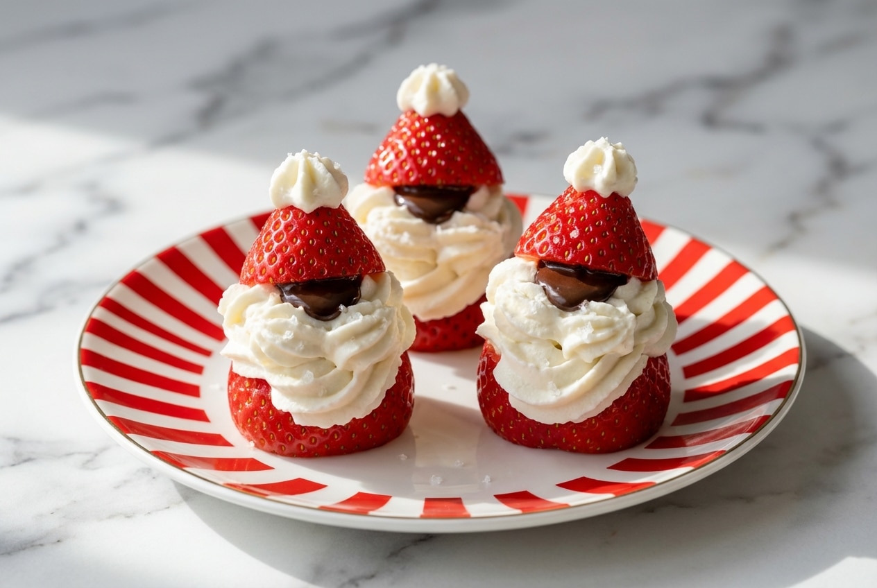 Strawberry santa with salted cream frosting and a hidden chocolate core on a festive holiday platter.