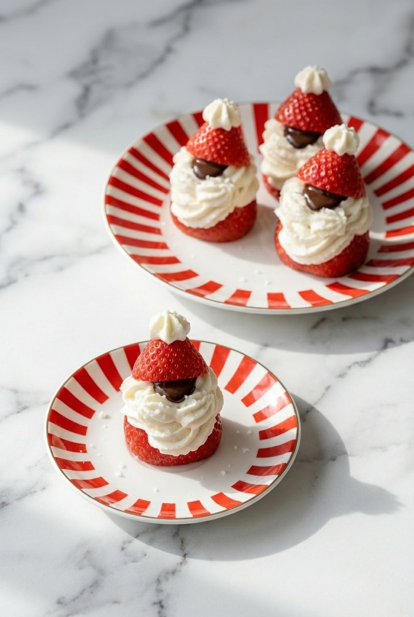 Chilled strawberry santa desserts stored to maintain the salted cream frosting texture.