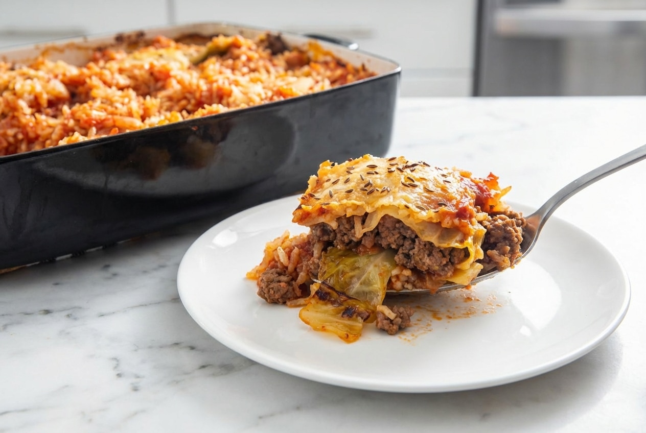 Bubbling stuffed cabbage roll casserole in a dish featuring a savory caraway crust and rich tomato sauce.