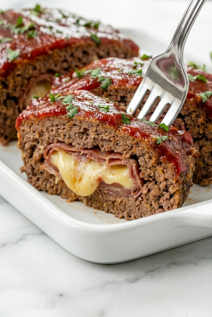 A meat thermometer inserted into a stuffed meatloaf on parchment paper to check the internal temperature.