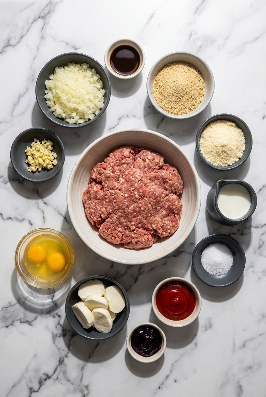Raw ground chuck, panade, mozzarella, and Worcestershire sauce flat lay for making stuffed meatloaf.