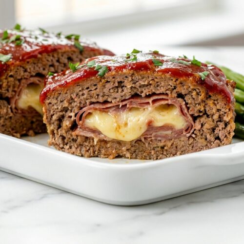 Slices of glazed stuffed meatloaf revealing a savory prosciutto-wrapped mozzarella core and moist texture.