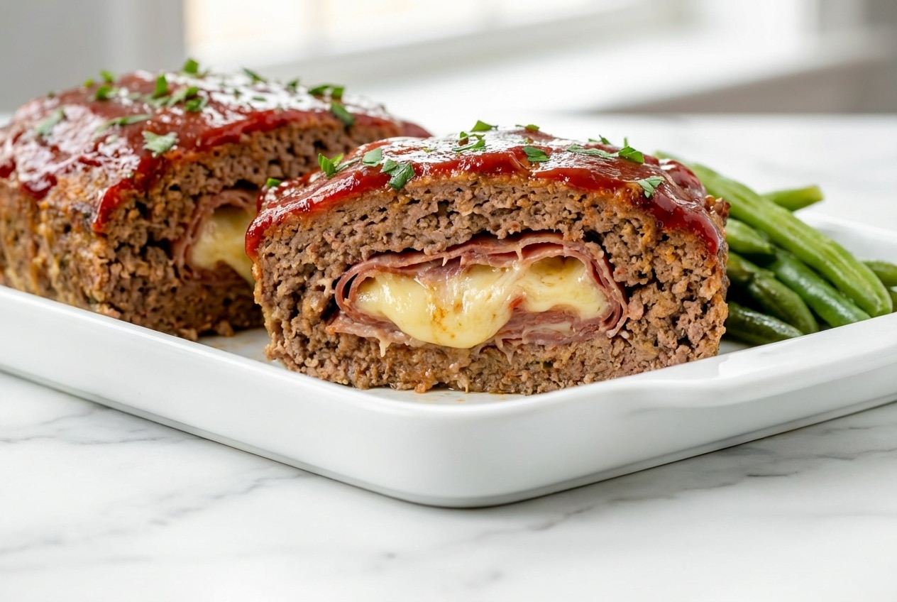 Slices of glazed stuffed meatloaf revealing a savory prosciutto-wrapped mozzarella core and moist texture.