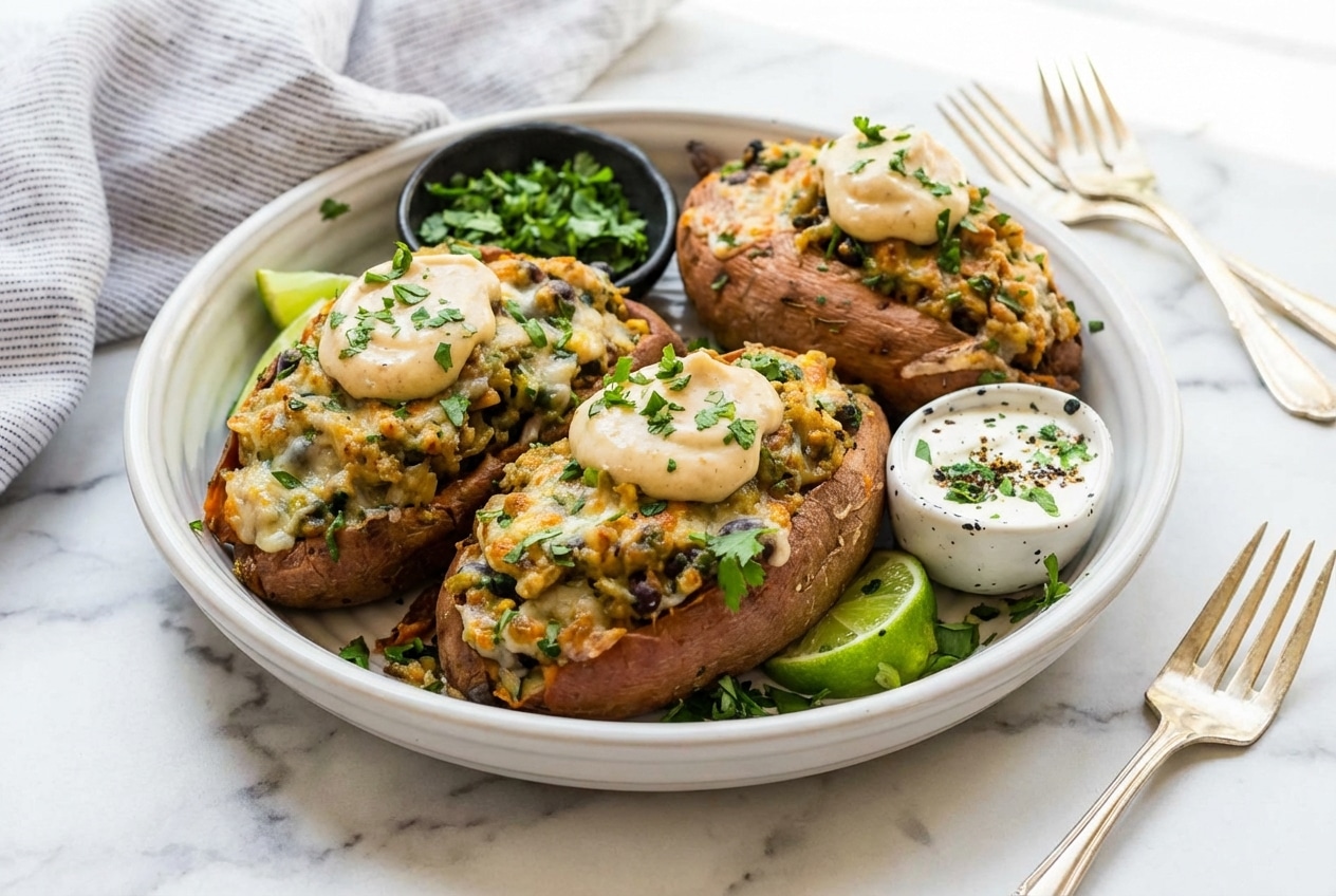 Stuffed sweet potatoes filled with ground turkey and a smooth whipped miso-butter base for rich umami flavor.
