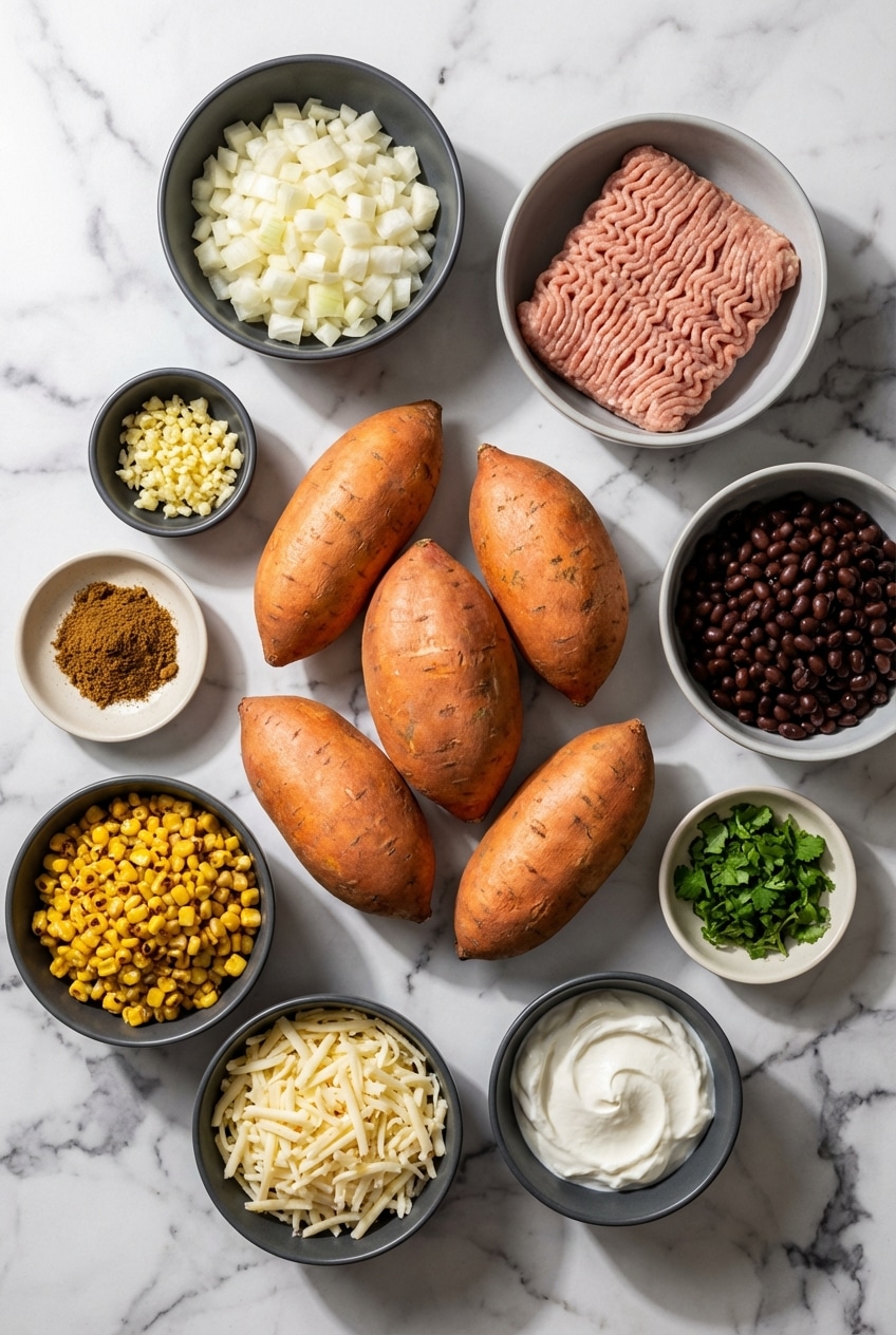 Ingredients for stuffed sweet potatoes including Ipomoea batatas, ground turkey, poblano pepper, and black beans.