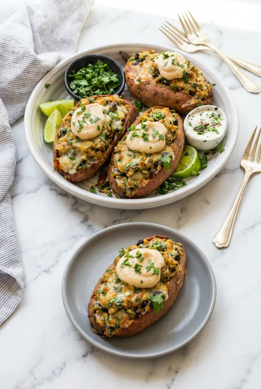 Stuffed sweet potatoes seasoned with cumin and topped with fresh poblano peppers and black beans.
