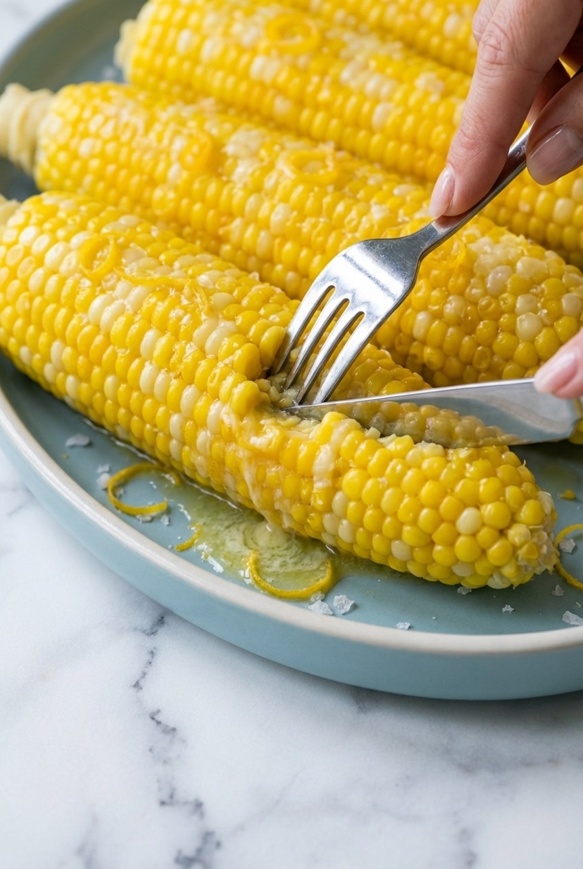 Platter of golden corn on the cob at a summer picnic showing how to cook corn on the cob for crowds.