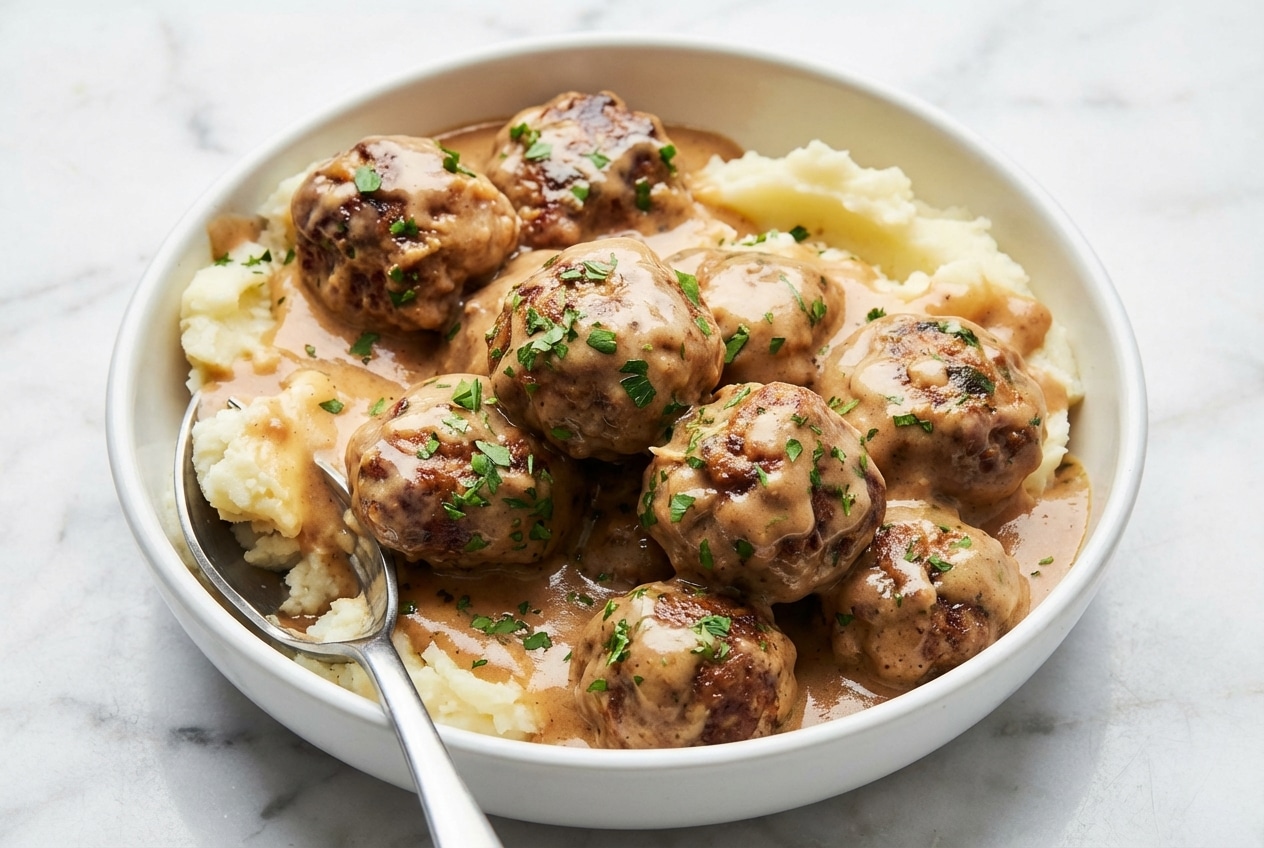 Tender swedish meatballs smothered in a rich, velvety umami-infused brown butter gravy.