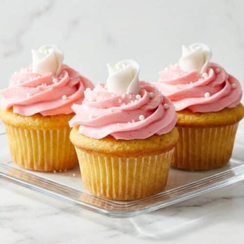 Pink frosted valentine's cake with a tangy salted vanilla moist cake crumb and smooth buttercream frosting.