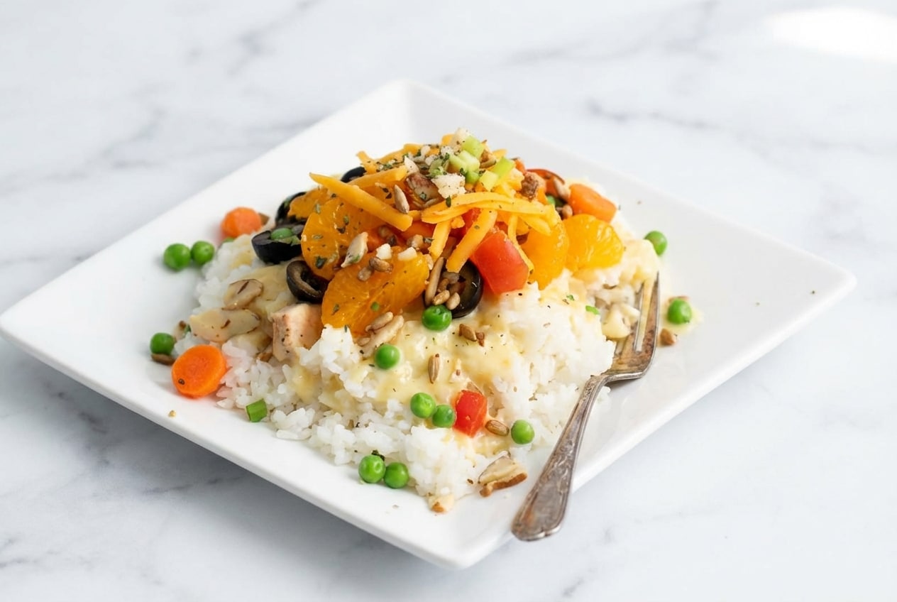 Tasty Tuesday Hawaiian haystacks over coconut-lime rice with toasted macadamia nuts and mandarin oranges.